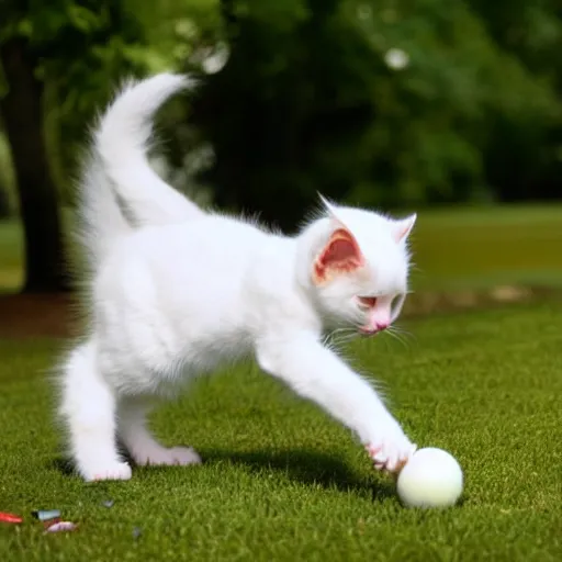 Prompt: a photograph of a white kitten playing with a ball in a park