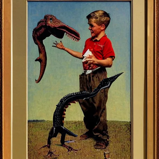 Image similar to a Norman Rockwell painting of a boy and his dinosaur velociraptor