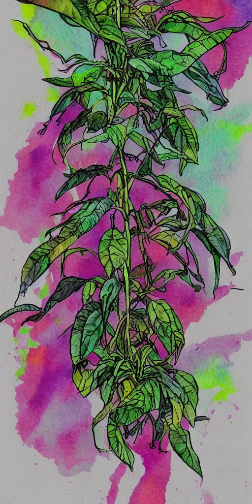 Image similar to water color and pen, high resolution, detailed, trending on artstation, alien tea plant