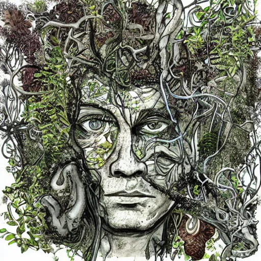 Prompt: cyborg The Thinker Sculpture covered in mushrooms & peyote & ayahuasca vines, sitting in a dense luscious forest, ink sketch, Naturalist