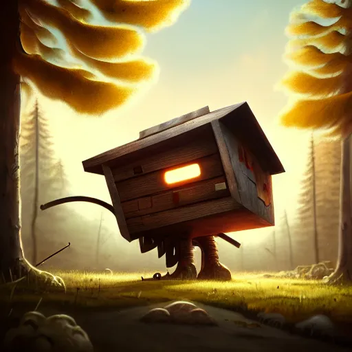 Image similar to a walking wood and metal house with two legs and two big eyes, rust, hyperrealistic, highly detailed, cinematic, single ray of sun, morning, pareidolia, gravity falls style, beautiful, cgssociety, artstation, 8 k, oil painting, digital art