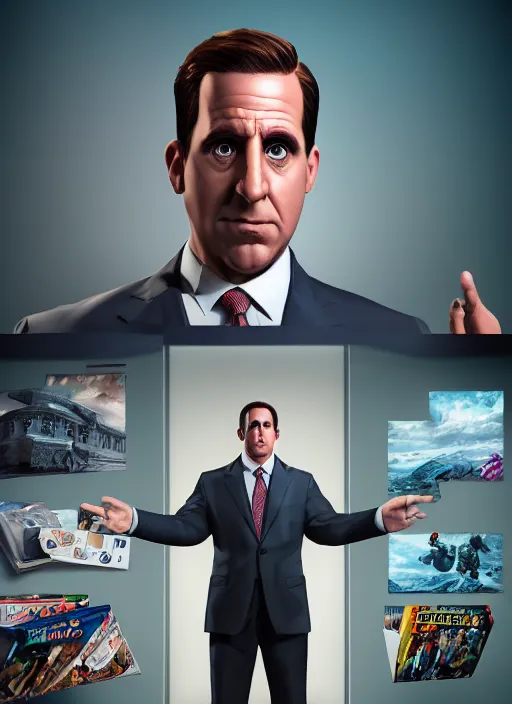 Prompt: ( ( ( hyperrealist cg an epic comic book style portrait painting of the office michael scott ) ) ) b photorealistic, octane render, vibrant colors, unreal engine, dynamic lighting, perfect factions, very detailed faces, trending on artstation, poster, volumetric lighting, 4 k, award winning