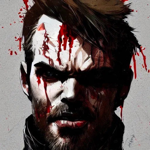 Image similar to portrait of pewdiepie with an angry expression, blood covering his face, wearing a leather jacket, dramatic lighting, illustration by Greg rutkowski, yoji shinkawa, 4k, digital art, concept art, trending on artstation