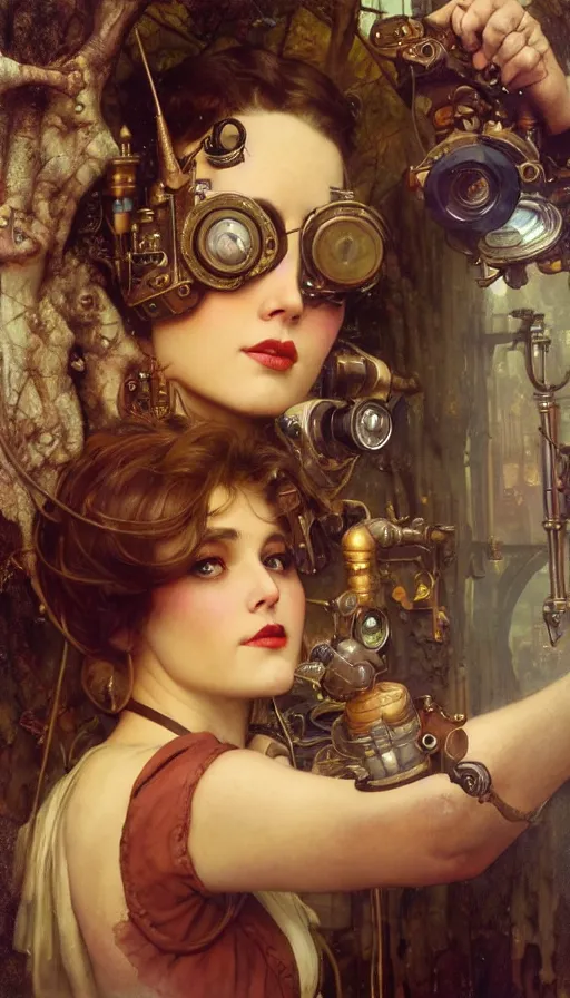 Image similar to hyper realistic photographer looking through camera, magical, steampunk, painted by norman rockwell, tom bagshaw, mucha, gaston bussiere, craig mullins, j. c. leyendecker 8 k