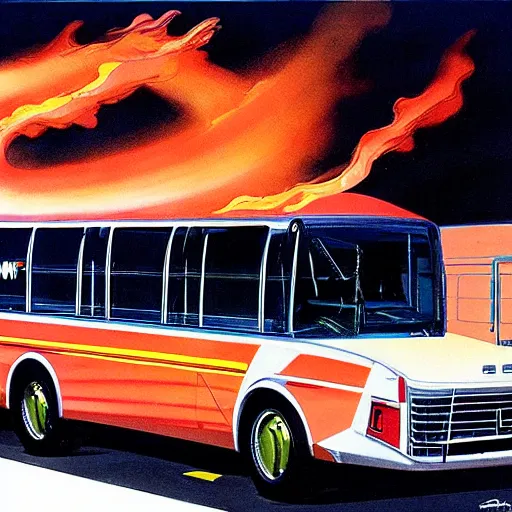 Image similar to concept art for bus with flamethrower, painted by syd mead, high quality