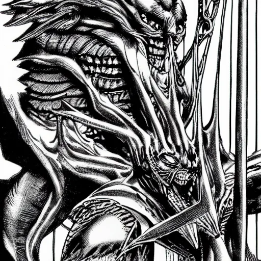 Image similar to Shrike from Hyperion by Kentaro Miura, highly detailed, black and white