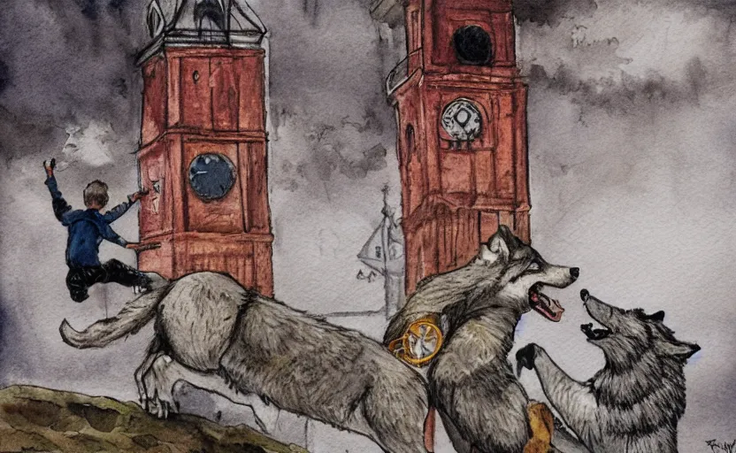 Image similar to a boy fighting a wolf on the edge of a clocktower, by taylor barron, watercolor, print