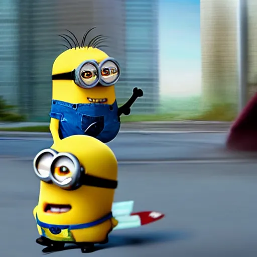 Prompt: a cute minion chasing a businessman with a knife