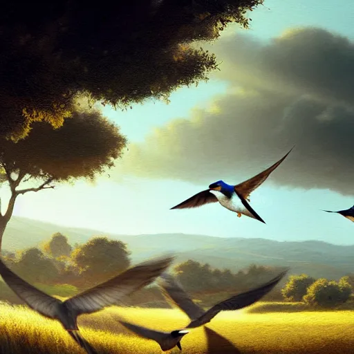 Image similar to closeup flock of swallow birds flying in avila, golondrinas, green fields, oak, spring season, 4 k, morning light, concept art, by wlop, ilya kuvshinov, artgerm, krenz cushart, greg rutkowski, pixiv. cinematic dramatic atmosphere, sharp focus, volumetric lighting, cinematic lighting, studio quality