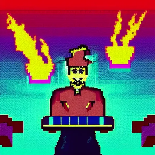 Prompt: synthwave led pixel art dark kafkaesque dystopian portrait of crazy teppanyaki chef laughing manically and yelling. lightning and fire everywhere. high quality digital art.