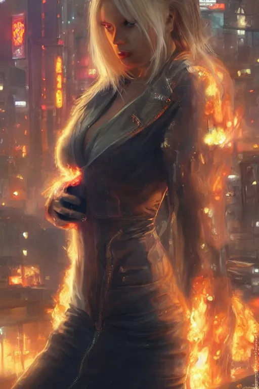 Prompt: wonderful young blonde woman with flames dancing on her hands with a long jacket in a cyberpunk city, realistic mouth, realistic, high definition, detailed and symetric face, detailed and realistic hands, expressive eyes, 4 k, shimmering color, art by artgerm ans greg rutkowski and magali villeneuve