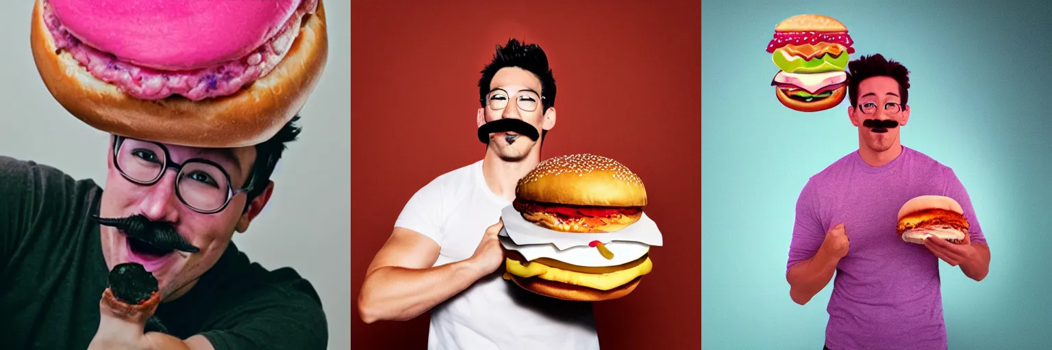 Prompt: photograph of Markiplier wearing a pink mustache and lifting a gigantic hamburger over his head with great difficulty, utah, bokeh filter