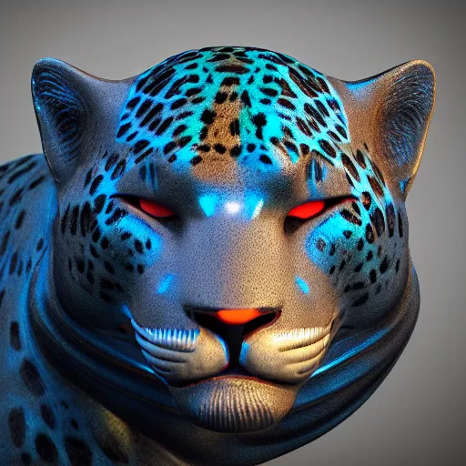 Image similar to jaguar sculpture with glowing blue eyes, octane render