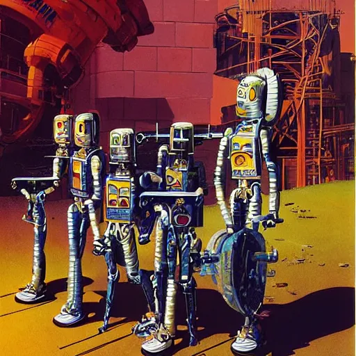 Image similar to robot wearing a buckethat, by John Harri and Michael Whelan and John Berkey and Robert McCall and Chris Foss and Chris Moore and Vincent Di Fate and Rafał Olbiński and Jim Burns