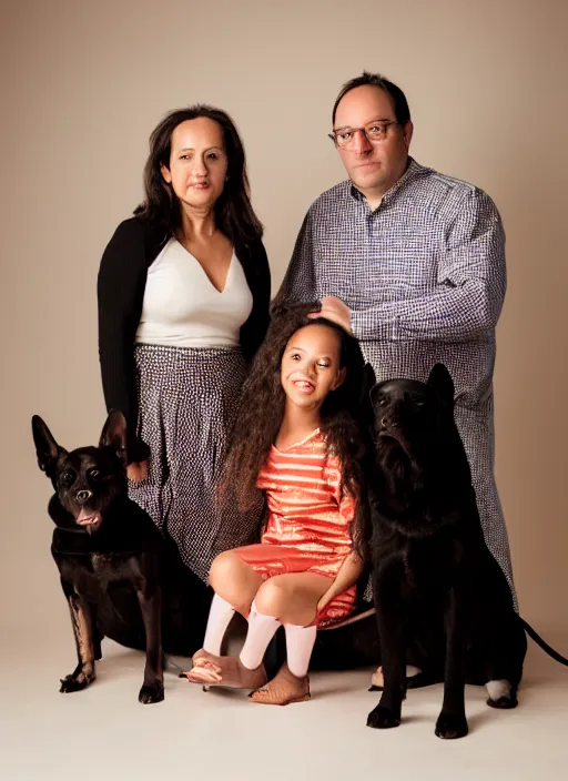 Prompt: a family portrait of a husband, wife, and their black dog. 9 0 s, studio lighting, mamiya, bulb flash