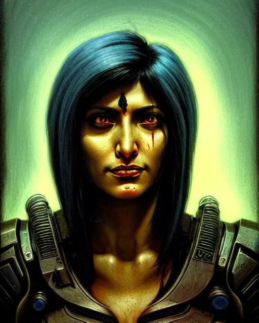 Image similar to pharah from overwatch, character portrait, portrait, close up, concept art, intricate details, highly detailed, horror poster, horror, vintage horror art, realistic, terrifying, in the style of michael whelan, beksinski, and gustave dore