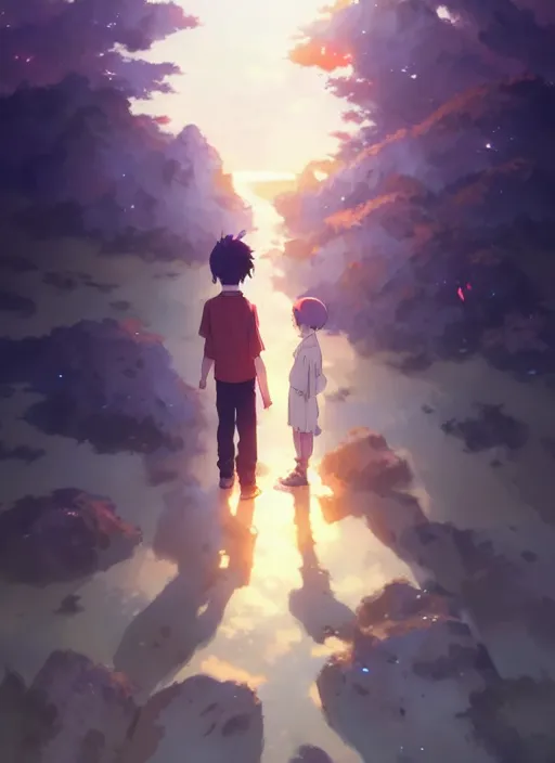 Prompt: boy and a girl in jk, standing back to back in under sky, small fire flames, illustration concept art anime key visual trending pixiv fanbox by wlop and greg rutkowski and makoto shinkai and studio ghibli