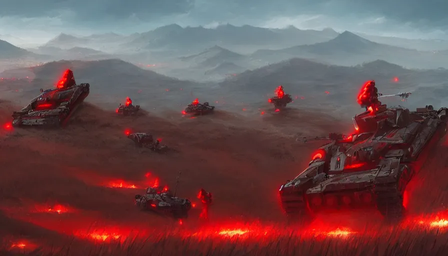 Image similar to red troops on a hill watching giant blue enemies tanks far in the distance shooting at them, hyperdetailed, artstation, cgsociety, 8 k