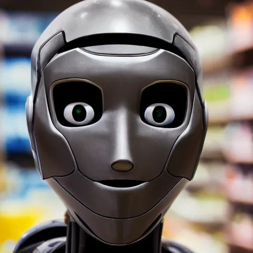 Prompt: photo of a robot who looks almost the same as a human in a store display hiding a dark secret, synthetic skin!!!, highly detailed face, expressive face, cyberpunk, year 3022, medium close-up, depth of field, ISO 300, aperture f11, 1/100 obturation speed