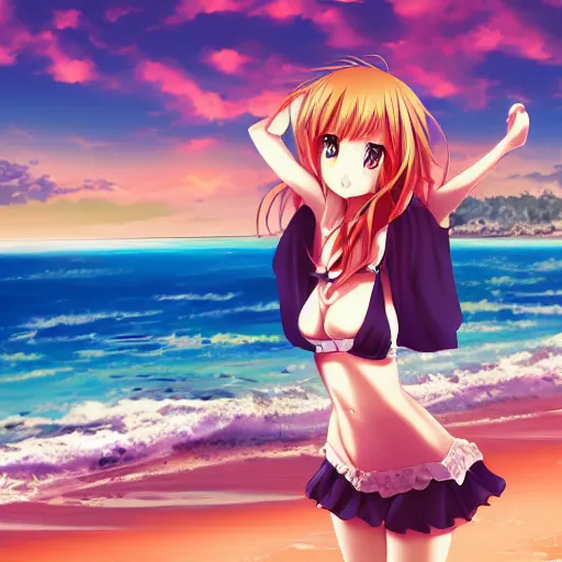 Prompt: an anime girl on the beach, anime art, smooth, hd, elegant