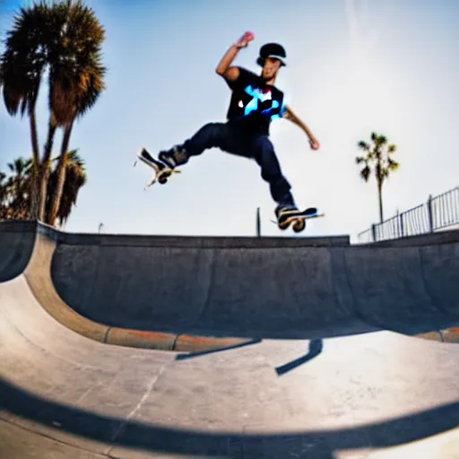 Image similar to skater wearing nike sb dunks doing a kickflip at the venice beach skatepark