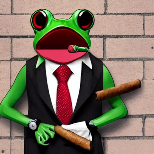 Image similar to a frog 🐸 wearing a suit smoking a cigar