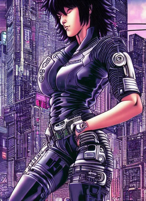 Image similar to motoko kusanagi in grungy cyberpunk megacity, intricate and finely detailed, cyberpunk vaporwave, portrait by j scott campbell