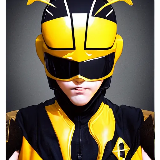 Image similar to symmetry!! portrait, head and body, yellow ranger, thunderbolt shaped eyeshade!!, artstation, art by murata, art by oda echiiro, art by tatsuki fujimoto, lightning helmet, 3 d, jumpsuit, gloves, futuristic poster,