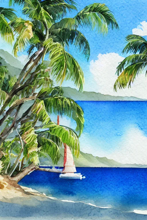 Image similar to watercolor painting of realistic hawaii coast, summer period with boats, watercolor, tonal colors, natural lighting, blue.