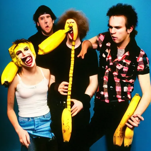Prompt: 8 0 s punk rock band holding banana microphone, with banana costumed background singers, concert photo, getty images