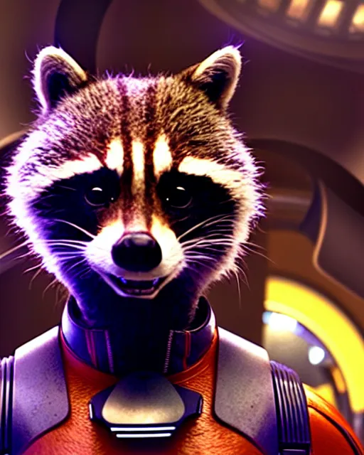 Prompt: film still of rocket the raccoon standing in the hallway of a space ship from guardians of the galaxy, soft volumetric lighting, cinematic, ridley scott, closeup portrait, confident action pose, octane