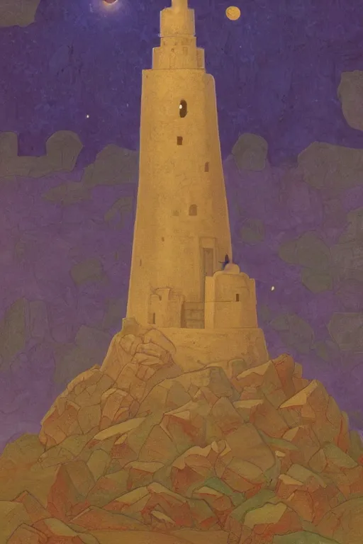 Image similar to painted tower of the moon, by Sylvain Sarrailh and Nicholas Roerich and Annie Swynnerton, dramatic cinematic lighting , beautiful tilework, ornate architecture, smooth, sharp focus, extremely detailed