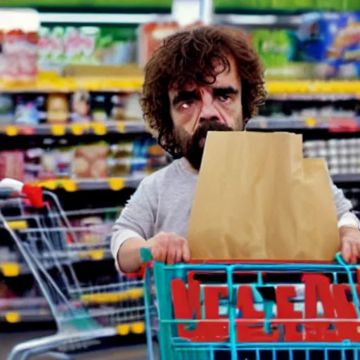 Prompt: film still of extremely tall peter dinklage shopping at walmart, shopping cart full of spaghetti