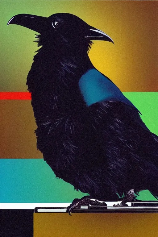 Image similar to a raven using 8 0 s era technology, vintage shapes, retro technology, pantone color, wayne barlow, oil on canvas, deep depth of field, masterpiece, cinematic composition, hyperdetailed