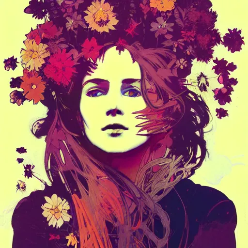 Prompt: a beautiful painting of a girl in a field of flowers by andy warhol and conrad roset and alphonse mucha and nekro and greg rutkowski. colorful comic, film noirs, symmetry, sharp lines, hyper detailed. octane render. trending on artstation