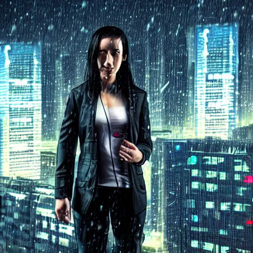 Prompt: female hacker assassin, cyberpunk city, rain, night,