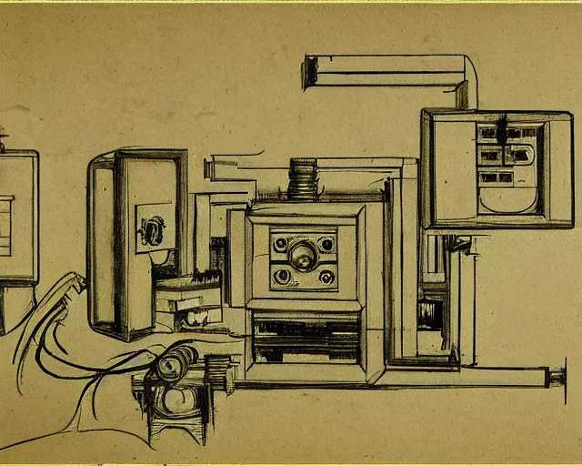 Prompt: mechanical electrical television set sketch with detailed notes by leonardo da vinci