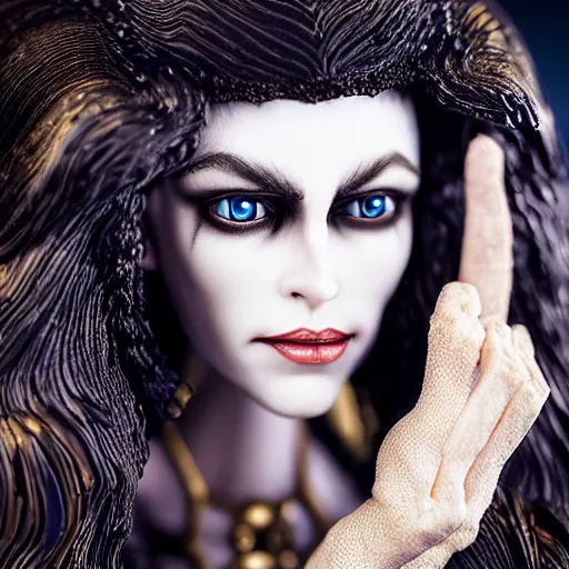 Image similar to photo taken of an epic intricate, ultra detailed, super realistic stop motion puppet of a majestic gracious regal aristocratic brunette female vampire created by weta workshop, menacing, wide angle, full body shots, photorealistic, sharp focus, white wall, extremely cold blueish colour temperature, 3 5 mm, f 1. 4, golden ratio