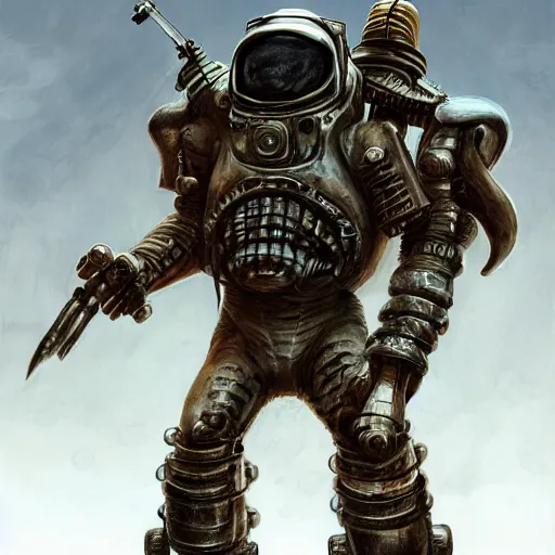 Prompt: mad max squid monster astronaut made out of ork technology from warhammer 40k, au naturel, hyper detailed, digital art, trending in artstation, cinematic lighting, studio quality, smooth render, unreal engine 5 rendered, octane rendered, art style by klimt and nixeu and ian sprigger and wlop and krenz cushart, full body portrait, well lit, intricate abstract. cyberpunk, intricate artwork, by Tooth Wu, wlop, beeple. octane render, trending on artstation, greg rutkowski very coherent symmetrical artwork. cinematic, hyper realism, high detail, octane render, 8k, minimalistic, hyperrealistic surrealism, award winning masterpiece with incredible details, a surreal vaporwave liminal space, highly detailed, trending on ArtStation
