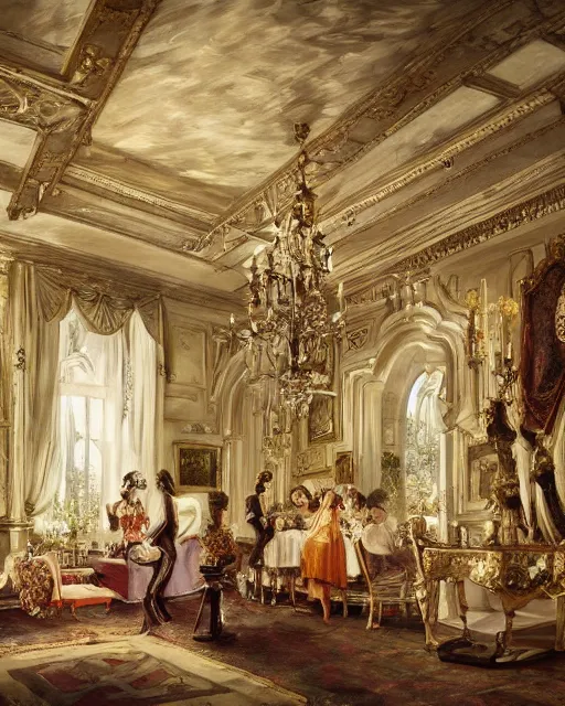 Image similar to realist rococo painting of a 1 9 2 0 s party in a beautiful mansion, vaulted ceiling, many partygoers, strong contrast, unreal engine, hyper realism, realistic shading, cinematic composition, realistic render, octane render, detailed textures, photorealistic, ultrawide shot, 3 5 mm film