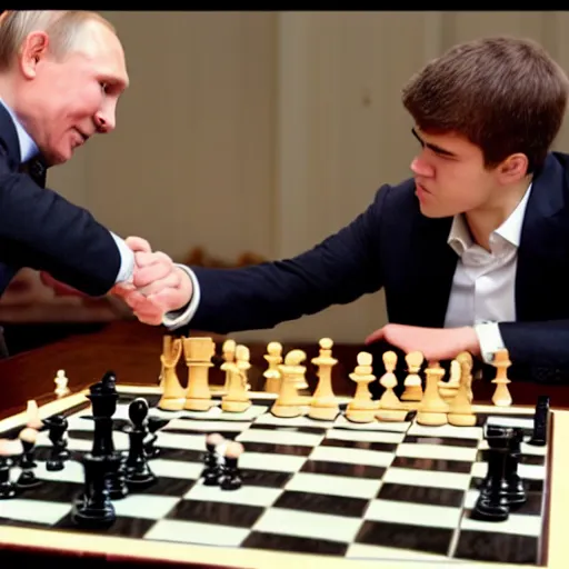 Prompt: putin playing chess with magnus carlsen