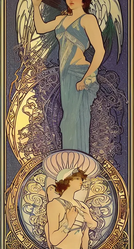 Image similar to a tarot card of a woman, hovering over water with angel wings and she is pouring water between two cups. illustrated in an art deco style by alphonse mucha and an elegant border by tamara de lempika. | studio lighting | digital painting, stunning lighting, trending on artstation