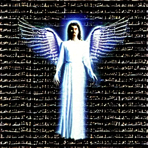 Image similar to vhs static overlay of angel apparition, vhs, 1 9 9 0, beautiful, highly realistic, highly detailed, vhs noise static, black and white, vhs glitch