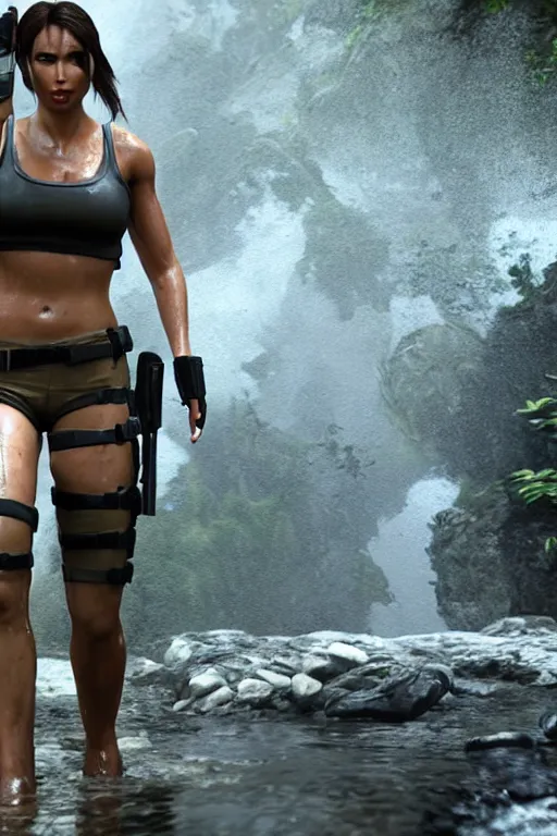 Prompt: film scene of lara croft, drenched body, wet dripping hair, emerging from the water, unreal engine