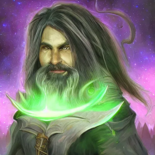 Image similar to dungeons and dragons, realistic,full body long hair goatee warlock with pet imp, magic aura, northern lights