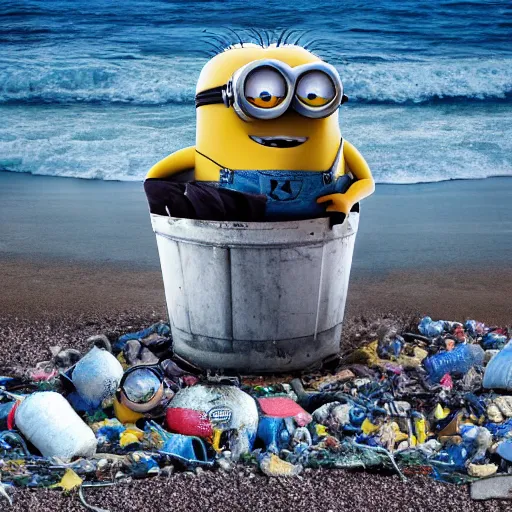 Image similar to minions trash hut on the beach, 4k, abstract surrealism masterpiece