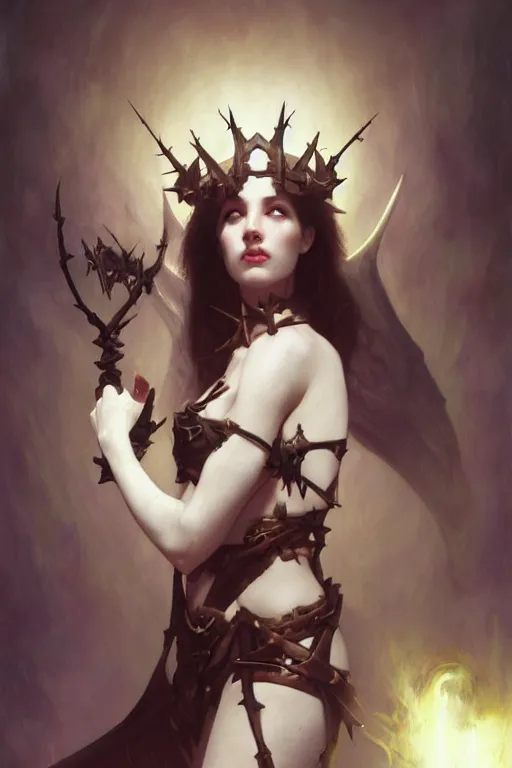 Image similar to Portrait of beautiful pale laughing succubus maiden with crown of thorns and glowing energy eyes, Warhammer 40000, digital art from artstation by Ruan Jia and Mandy Jurgens and Artgerm and william-adolphe bouguereau