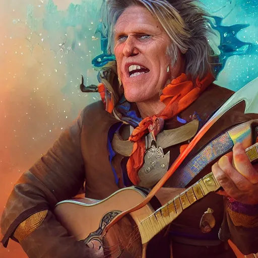 Image similar to detailed photo of a Half-orc bard portrayed by Gary Busey playing a lute to cast a spell, 8k,by Tristan Eaton, Stanley Artgermm, Tom Bagshaw, Greg Rutkowski, Carne Griffiths, trending on DeviantArt, face enhance, hyper detailed ,full of color, dramatic lightning, epic stance