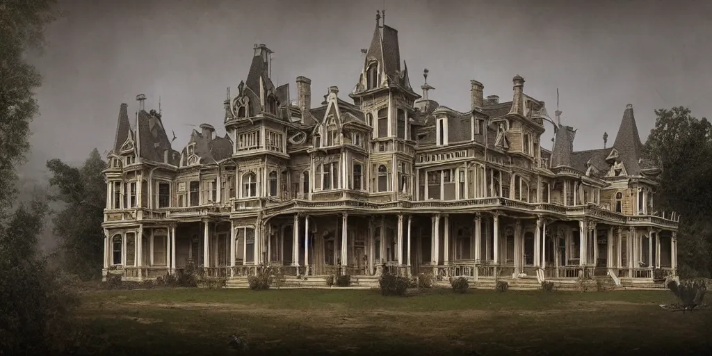 Prompt: a victorian mansion made from human bones,matte painting