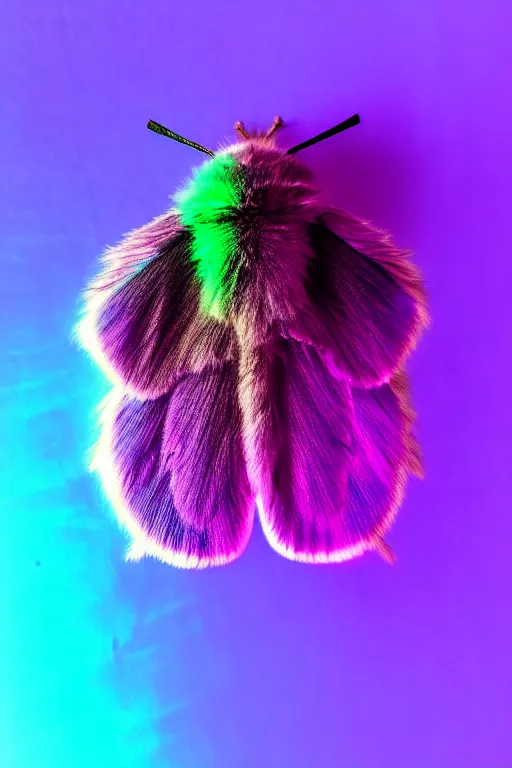 Image similar to high quality macro photo pearlescent furry moth! jeweled gorgeous! highly detailed david ligare elson peter cinematic purple neon lighting high quality low angle hd 8k sharp shallow depth of field